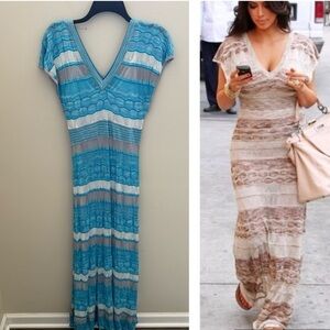 RARE BEBE Y2K Blue Chevron Stripe Crochet Short Sleeve Maxi Dress